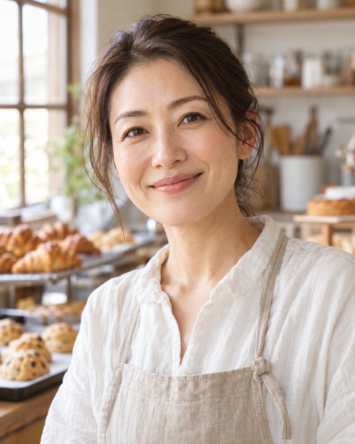 生成画像による、リネンのエプロンを着た店主のイメージ。窓辺の明るい台所で、やわらかく微笑んでいる（イメージ・仮）