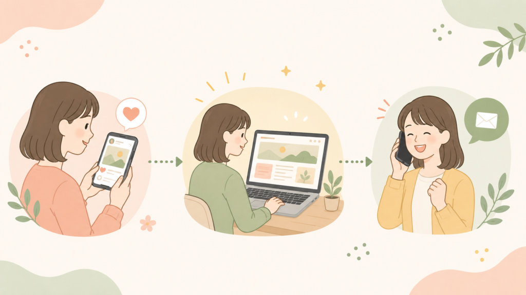 SNSで出会う→ブログで信頼を深める→問い合わせするの3ステップの流れ