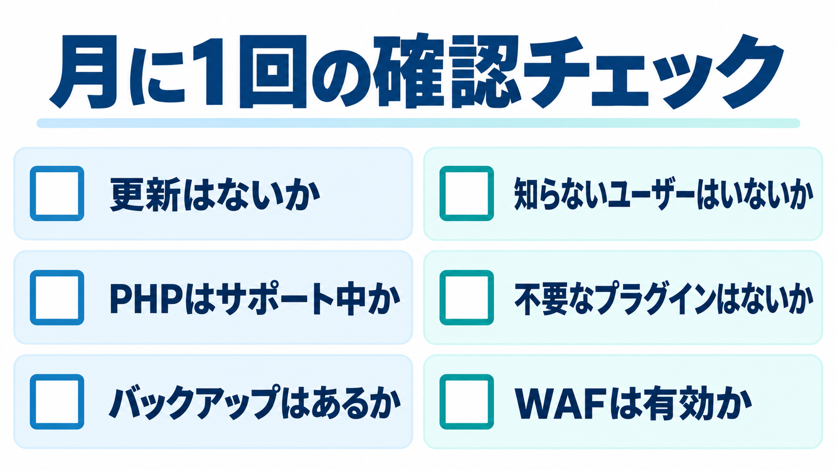 月に1回の確認チェックリスト(更新、PHPバージョン、バックアップ、ユーザー、不要なプラグイン・テーマ、WAF)