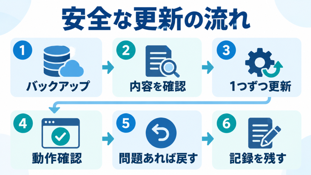 安全なWordPress更新の流れ（バックアップ、内容を確認、1つずつ更新、動作確認、問題があれば戻す、記録を残す）